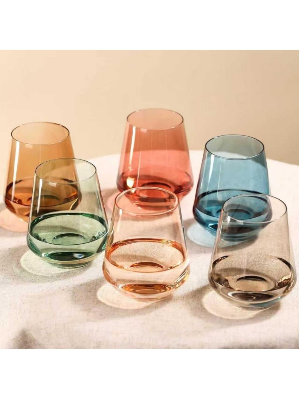 Colorful Stemless Wine Glasses Set of 6 - 17 oz Hand-Blown Crystal Drinkware for